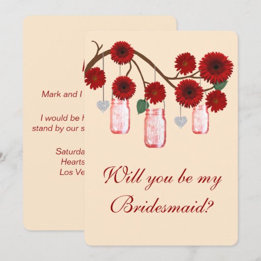 Red Flowers Mason Jars Bridesmaid Kaart (Voorkant / Achterkant)