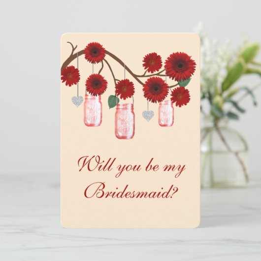 Red Flowers Mason Jars Bridesmaid Kaart (Staand voorkant)