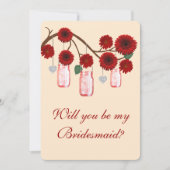 Red Flowers Mason Jars Bridesmaid Kaart (Voorkant)