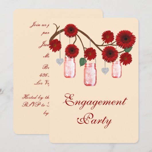 Red Flowers Mason Jars Engagement Party Kaart (Voorkant / Achterkant)