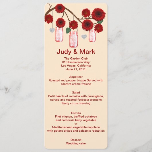 Red Flowers Mason Jars Menu Kaart (Voorkant)