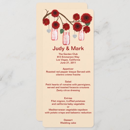 Red Flowers Mason Jars Menu Kaart (Voorkant / Achterkant)