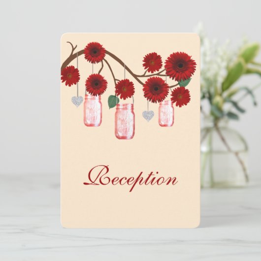 Red Flowers Mason Jars Reception Kaart (Staand voorkant)