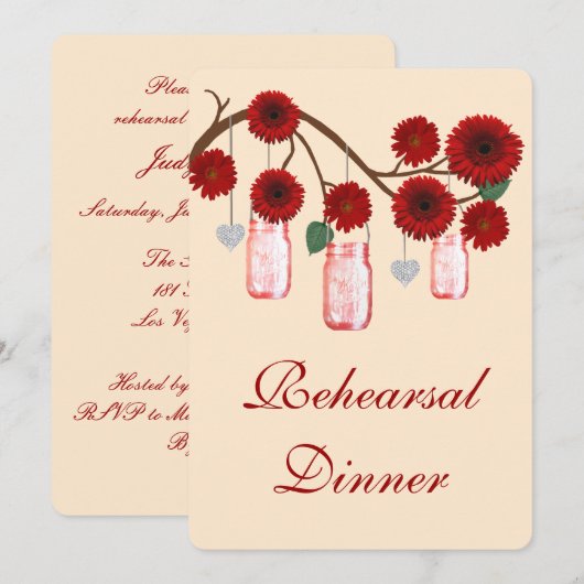 Red Flowers Mason Jars Rehearsal Dinner Invitation Kaart (Voorkant / Achterkant)