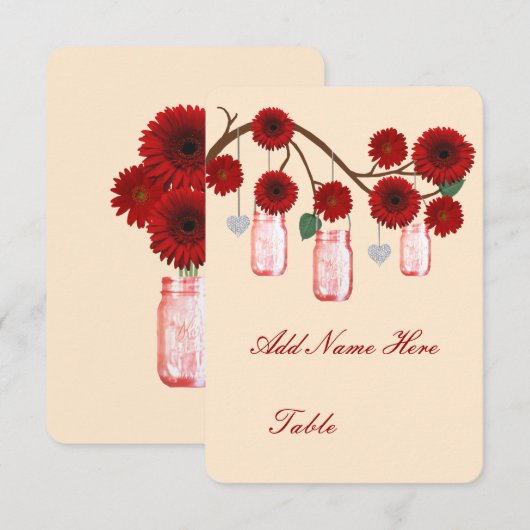 Red Flowers Mason Jars Table Place Card Kaart (Voorkant / Achterkant)