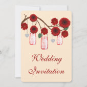 Red Flowers Mason Jars Wedding Invitation Kaart (Voorkant)