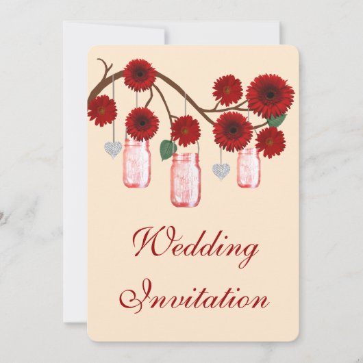 Red Flowers Mason Jars Wedding Invitation Kaart (Voorkant)