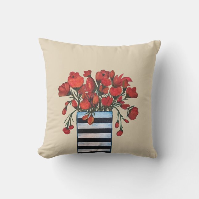 Red Flowers met Striped Vase Fine Art Kussen (Voorkant)