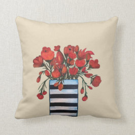 Red Flowers met Striped Vase Fine Art Kussen