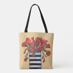 Red Flowers met Striped Vase Fine Art Tote Bag