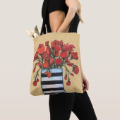 Red Flowers met Striped Vase Fine Art Tote Bag (Dichtbij)