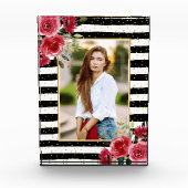 Red Flowers op Black White Stripes Photo Block Fotoblokken (Voorkant)