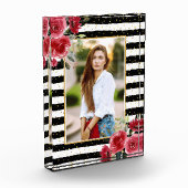 Red Flowers op Black White Stripes Photo Block Fotoblokken (Links)