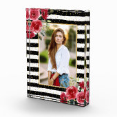 Red Flowers op Black White Stripes Photo Block Fotoblokken (Rechts)