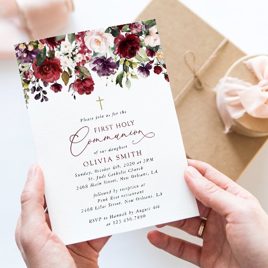 Red Flowers, Pink Flowers, First Holy Communion Kaart
