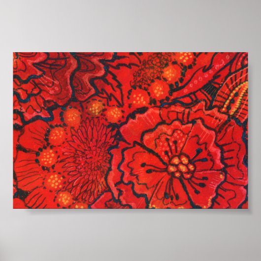 Red Flowers, Quirky Flower Abstract Floral Art Poster (Voorkant)