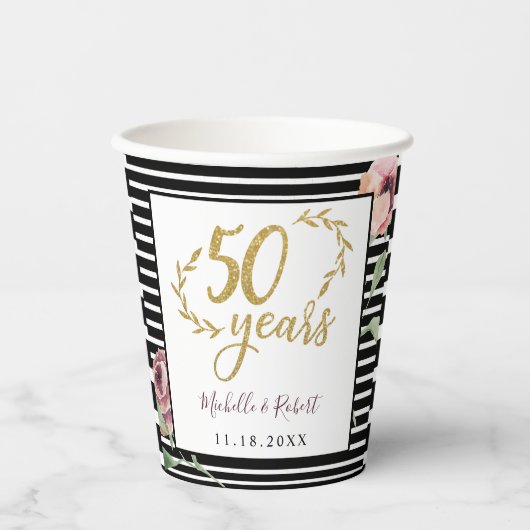 Red Flowers Roos 50th Jubileum Gold Glitter Papieren Bekers (Voorkant)