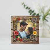 Red Flowers Steampunk gepersonaliseerde bruiloft Kaart (Staand voorkant)