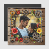 Red Flowers Steampunk Gepersonaliseerde Foto Magnetische Uitnodiging (Voorkant / Achterkant)