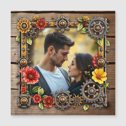 Red Flowers Steampunk Gepersonaliseerde Foto Magnetische Uitnodiging (Voorkant)