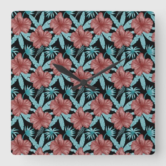 Red flowers tropical seamless pattern &blue leaves vierkante klok (Voorkant)