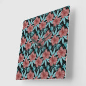 Red flowers tropical seamless pattern &blue leaves vierkante klok (Hoek)