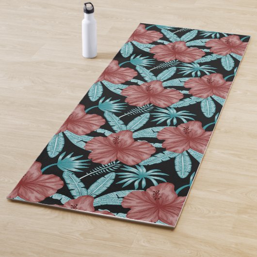 Red flowers tropical seamless pattern &blue leaves yogamat (In situ)