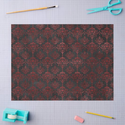 Red Flowery Damask op Charcoal Decoupage Tissuepapier (Craft)