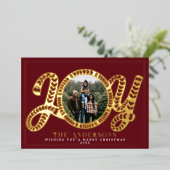 Red Folk Art Joy Kerstfoto Folie Feestdagenkaart (Staand Voorkant)