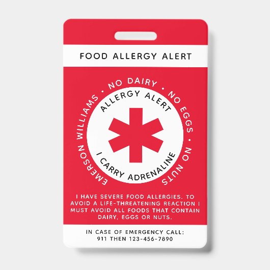 Red Food Allergy Alert Child ID Badge (Voorkant)