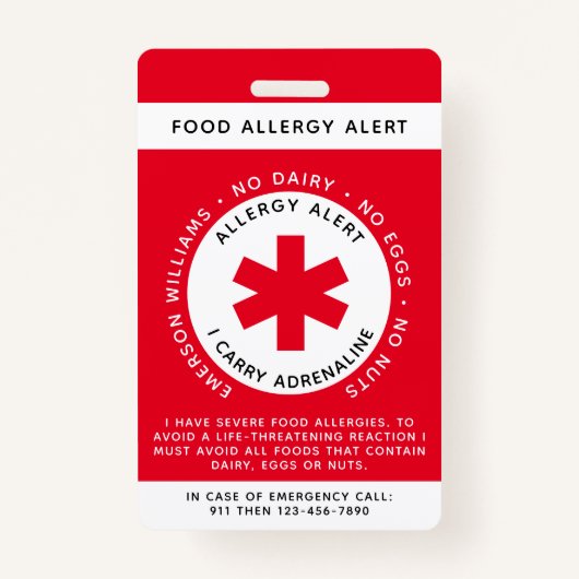 Red Food Allergy Alert Child ID Badge (Voorkant)