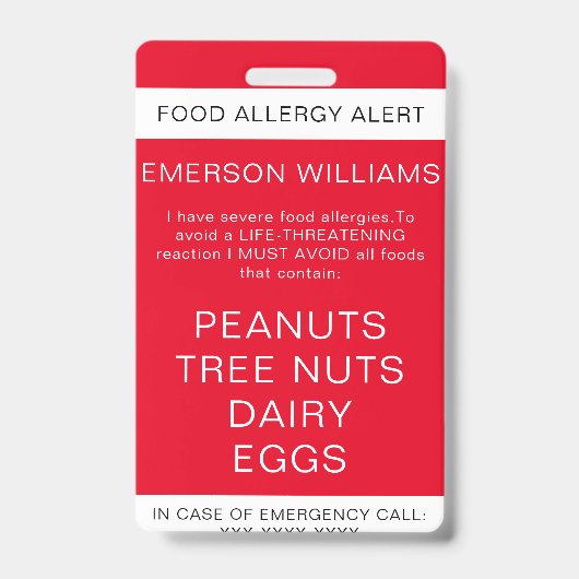 Red Food Allergy Alert Persoonlijk Badge (Front)
