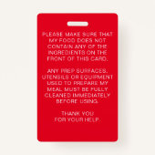 Red Food Allergy Alert Persoonlijk Badge (Achterkant)