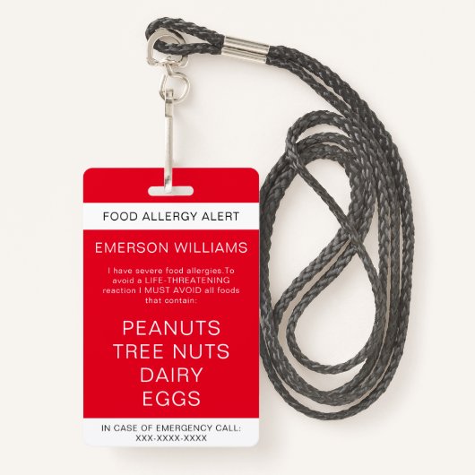 Red Food Allergy Alert Persoonlijk Badge (Voorkant met draagriem)
