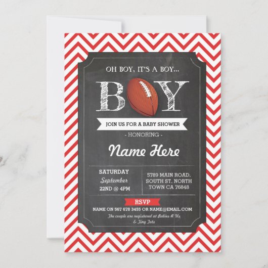 Red Football Boy Baby shower Rugby Red Invite Kaart (Voorkant)