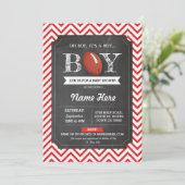 Red Football Boy Baby shower Rugby Red Invite Kaart (Staand voorkant)