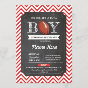 Red Football Boy Baby shower Rugby Red Invite Kaart