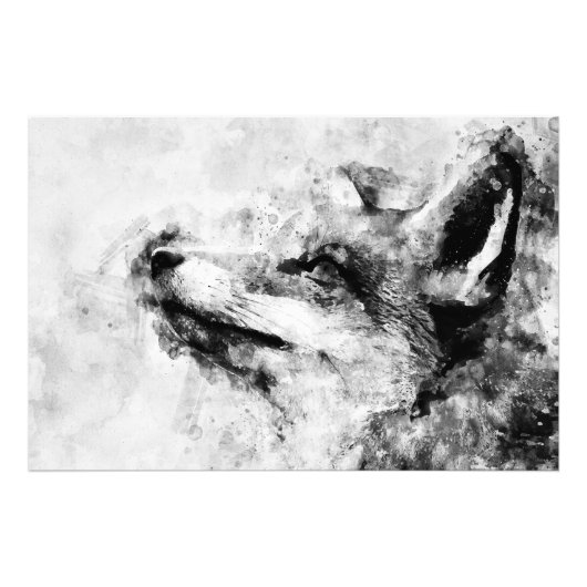 Red Fox Black en White Waterverf 01 Foto Afdruk (Voorkant)