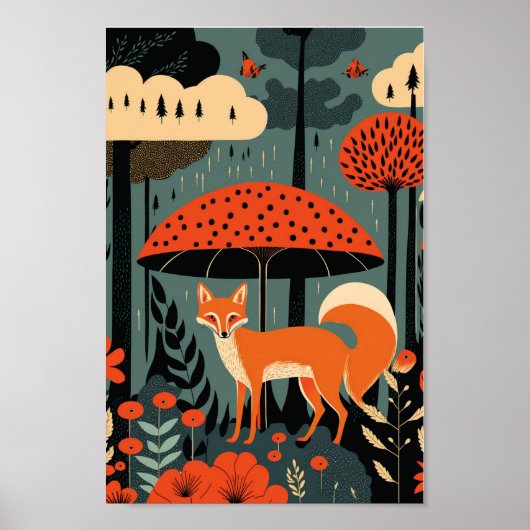 Red Fox Bossen Scandinavian Danish Modern Art Poster (Voorkant)