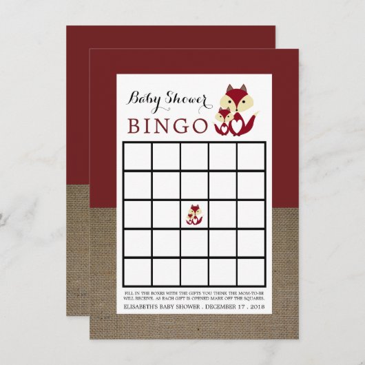 Red Fox Burlap Baby shower Bingo Kaart (Voorkant / Achterkant)