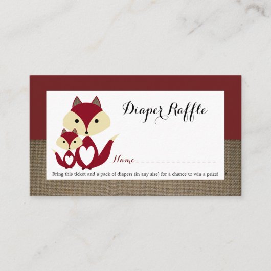 Red Fox Burlap Baby shower Diaper Raffle Ticket Informatiekaartje (Voorkant)