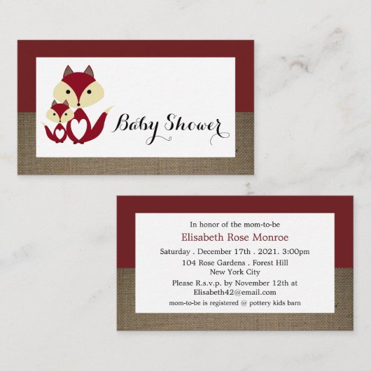 Red Fox Burlap Baby shower Ticket Uitnodiging Informatiekaartje (Voorkant / Achterkant)