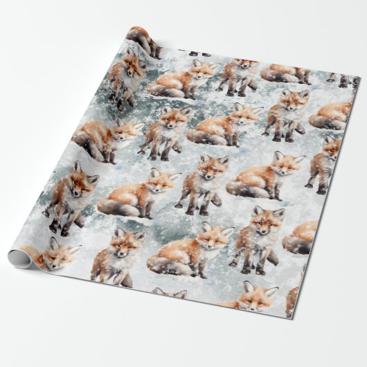 Red Fox Cubs Snowy Winter Scene Cadeaupapier (Uitgerold)