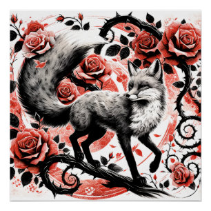 Red Fox en Rozen met Thornes Linocut Perfect Poster