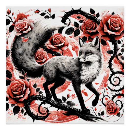 Red Fox en Rozen met Thornes Linocut Perfect Poster (Voorkant)