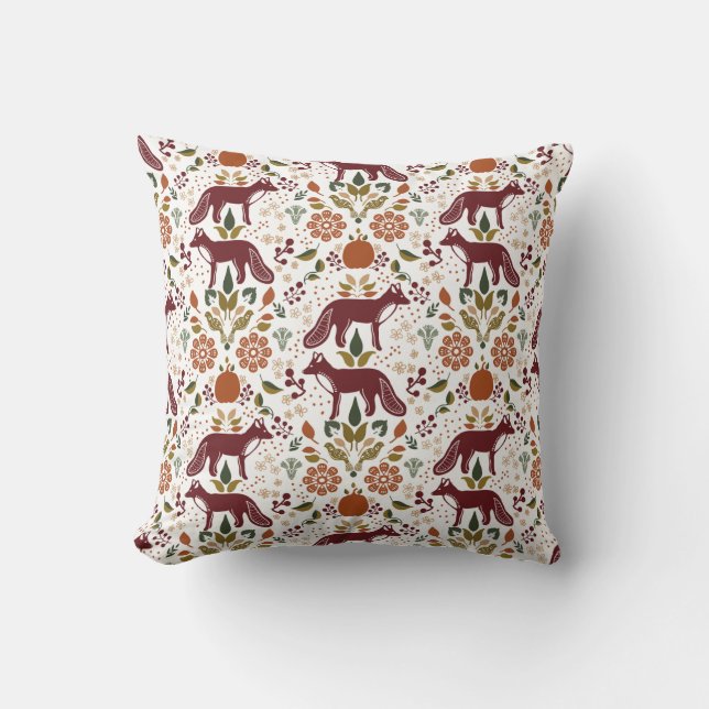 Red Fox Folk Art Pillow Rustic Herfst Harvest Kussen (Voorkant)
