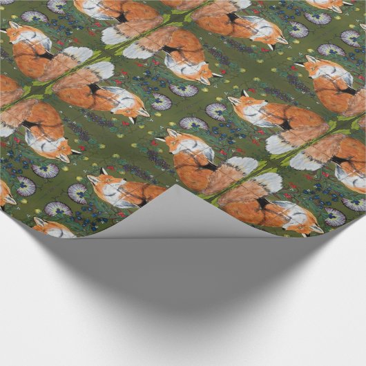 Red Fox Folk Art Tiled Wrapping Paper Graps Green Cadeaupapier (Hoek)