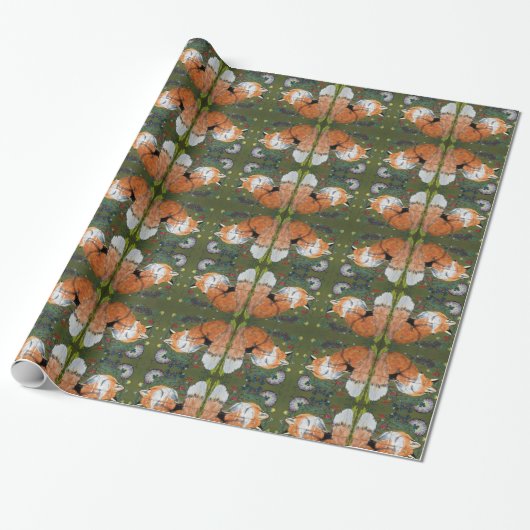 Red Fox Folk Art Tiled Wrapping Paper Graps Green Cadeaupapier (Uitgerold)