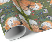 Red Fox Folk Art Tiled Wrapping Paper Graps Green Cadeaupapier (Rol Hoek)