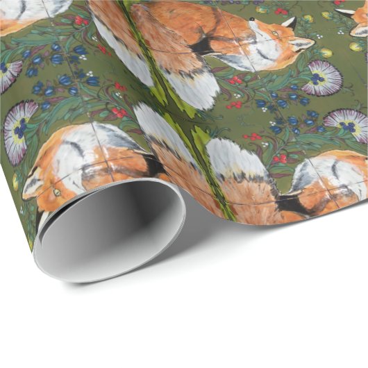 Red Fox Folk Art Tiled Wrapping Paper Graps Green Cadeaupapier (Rol Hoek)